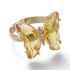 Pale Goldenrod Adjustable Brass Glass Finger Rings, with Clear Cubic Zirconia, Butterfly, Golden, Pale Goldenrod, Size 7, Inner Diameter: 17mm