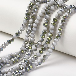 Light Grey Electroplate Opaque Glass Beads Strands, Half Green Plated, Faceted, Rondelle, Light Grey, 4x3mm, Hole: 0.4mm, about 123~127pcs/strand, 16.5~16.9 inch(42~43cm)