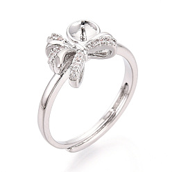 Платина Закрепка колец для чашек с бантом из латуни с микропаве из кубического циркония, регулируемые настройки колец для полупросверленных бусин, без кадмия, без никеля и без свинца, платина, 11x12 мм, размер США 7 1/4 (17.5 мм), штифты : 0.8 мм