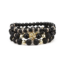 Mixed Stone 3Pcs 3 Style Natural Obsidian & Lava Rock & Synthetic Hematite Brass Beaded Stretch Bracelets Set, Gemstone Stackable Bracelets for Women, Inner Diameter: 2-1/8~2-3/8 inch(5.5~5.9cm), 1Pc/style