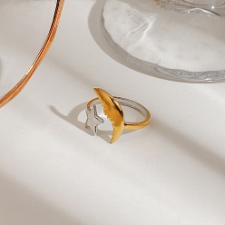 Золотой & Цвет Нержавеющей Стали 304 из нержавеющей стали Манжета кольца для женщин, звезда и луна, золотые и нержавеющая сталь цвет, внутренний диаметр: 18 мм