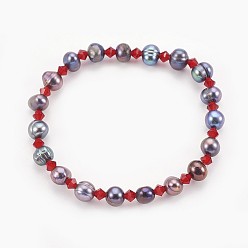 Rot Natürliche Perlenperlen dehnen Armbänder aus, mit facettierten bicone glasperlen, Kartoffel, rot, 2-1/4 Zoll (5.7 cm)