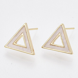 Real 18K Gold Plated Brass Stud Earring Findings, with Shell and Loop, Nickel Free, Triangle, Creamy White, Real 18K Gold Plated, 12x14mm, Hole: 0.8mm, Pin: 0.8mm