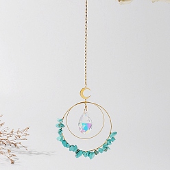 Синтетическая Бирюза Гальваническое стекло каплевидное окно висит ловцы солнца, синтетические бирюзовые чипсы и золотые латунные лунные подвески украшения украшения, 330x85 мм