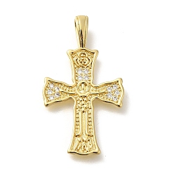 Настоящее золото 18K Покрытие стойки латунь с подвесками из фианита, долговечный, без свинца и без кадмия, крест прелести, реальный 18 k позолоченный, 34.5x19.5x2 мм, отверстие : 6x2.5 мм