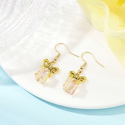 PeachPuff Alloy & Glass Dangle Earrings, with 304 Stainless Steel Earring Hooks for Women, Bowknot & Cube, PeachPuff, 39.5x13.5mm