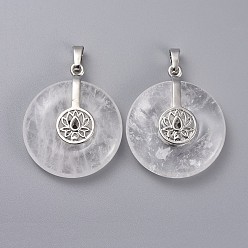 Хрусталь Природного кварца хрустальных подвесок, подвески из горного хрусталя, с латунной фурнитурой платинового цвета, пончик / пи диск с лотосом, 35.5x30x8.5~9.5 мм, отверстие : 4.5x6.5 мм