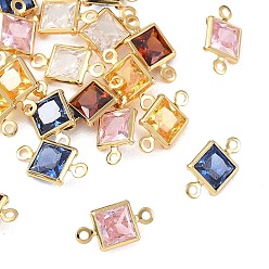 Mixed Color SHEGRACE Brass Pave Cubic Zirconia Square Connector Charms, Cadmium Free & Nickel Free & Lead Free, Long-Lasting Plated, Real 18K Gold Plated, Mixed Color, 11x6x2.5mm, Hole: 1mm