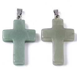 Зеленый Авантюрин Естественный зеленый авантюрин подвески, со случайной защелкой из нержавеющей стали, крестик, 44~46x27~29x6~8 мм, отверстие : 4x8 мм