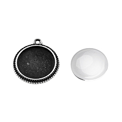 Antique Silver Pendant Making Sets, with Brass Pendant Cabochon Settings and Glass Cabochons, Flat Round, Lead Free & Nickel Free, Antique Silver, Tray: 16mm, 20x2mm, Hole: 2mm, 15.5~16x4~5mm