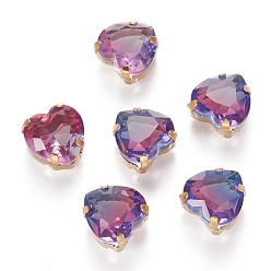 Королевский синий Шить на горный хрусталь, стекло горный хрусталь, с золотыми тонами латунных зубьев, аксессуары для одежды, граненые, сердце, королевский синий, 12x11.5x7 мм, отверстие : 1 мм