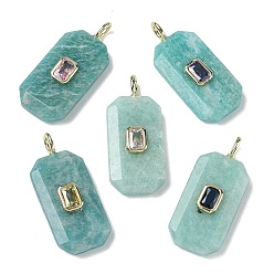 Амазонит Граненые подвески из натурального амазонита, прямоугольные подвески с латунной микропаве кубическими цирконами случайных цветов, золотые, 34.5x15x6 мм, отверстие : 4x2 мм
