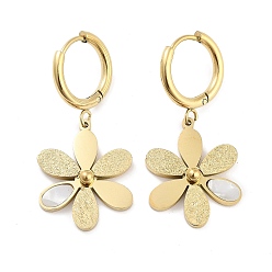 Real 18K Gold Plated Left and Right Texture Flower 304 Stainless Steel Shell Dangle Earrings, Hoop Earrings for Women, Real 18K Gold Plated, 36x16.5mm