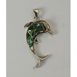 Colorful Abalone Shell/Paua Shell Pendants, Single Side, with Brass Findings, Dolphin, Platinum, Colorful, Size: about 22mm wide, 38.5mm long, 5mm thick, hole: 3x4mm