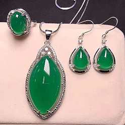 Зеленый 925 ожерелья, серьги и кольца из стерлингового серебра с микропаве из прозрачных кубических цирконий и натуральным халцедоном, платина, лошадиный глаз , зелёные, 400 мм