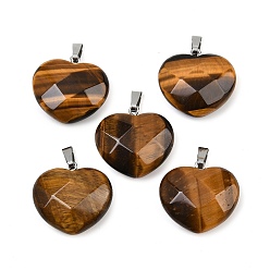 Тигровый глаз Природных тигровый глаз подвески, ограненные сердце прелести, с железными поручнями, платина, 21.5~22.5x23~23.5x9~10 мм, отверстие : 2.5x7~7.5 мм