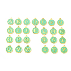 Medium Aquamarine Initial Letter A~Z Alphabet Enamel Charms, Flat Round Disc Double Sided Charms, Golden Plated Enamelled Sequins Alloy Charms, Medium Aquamarine, 14x12x2mm, Hole: 1.5mm