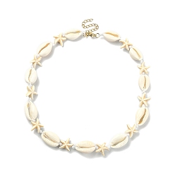 (404) Непрозрачное AB Кислое яблоко Ожерелье из бисера в форме морской звезды из натуральной ракушки и синтетической бирюзы с 304 застежками из нержавеющей стали, цветочный белый, 15.75 дюйм (40 см)