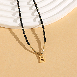 Letter B Женское ожерелье с подвеской из натуральной черной шпинели в форме круглой граненой буквы «Инициал» из нержавеющей стали, золотые, В письме, 14.96 дюйм (38 см)
