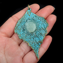 Cyan Clair Pendentifs en pierre naturelle, à la feuille d'alliage, cyan clair, 66x45x6mm