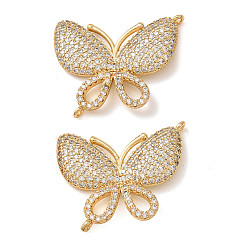 Plaqué 18K Or Véritable Breloques de connecteur en laiton micro pavé de zircone cubique transparente, liens papillon, crémaillère plaquage, plaqué longue durée, sans cadmium et sans plomb, réel 18 k plaqué or, 23x29x3mm, Trou: 1mm