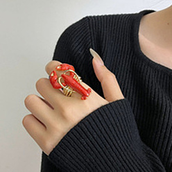 Красный Сплав манжеты кольца, с эмалью, омар, золотой свет, красные, 41.5x27.5 мм