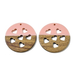 Pink Подвески из смолы и ореха, плоский круглый с услышанным, подарок на День святого Валентина, розовые, 38x3.5 мм, отверстие : 2 мм