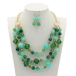 Green Alloy & Resin Beaded Multilayer Necklaces & Dangle Earrings Sets, Golden, Green, 460mm