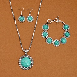 Бирюза Ожерелья и браслеты из сплава с синтетической бирюзой, а также наборы серег-подвесок, античное серебро, плоско-круглые, бирюзовые, 490 мм