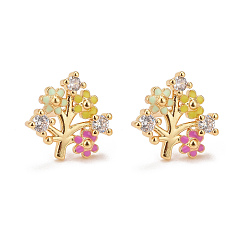 Настоящее золото 18K Серьги-гвоздики "Цветок жизни" с разноцветной эмалью и фианитами, стеллаж для латунных украшений для женщин, без кадмия и без свинца, реальный 18 k позолоченный, 15x15 мм, штифты : 0.6 мм