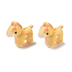 Gold Baking Paint & Printed Opaque Acrylic Beads, Horse with Flower, Gold, 26x29.5x12mm, Hole: 2.2mm