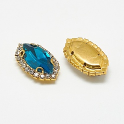 Capri Blue Sew on Rhinestone, Multi-strand Links, Glass Rhinestones, with Brass Findings, Garments Accessories, Horse Eye, Golden, Capri Blue, 19x11x6mm, Hole: 1mm