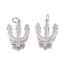 Platinum Brass Micro Pave Clear Cubic Zirconia Pendants, Long-Lasting Plated, With Jump Rings, Three Teeth Fork, Platinum, 19x14x2mm, Hole: 3mm, Jump Ring: 5x1mm