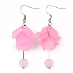 Pink Dangle Earrings, with 304 Stainless Steel Findings, Acrylic Pendants and Natural Rose Quartz, Flower, Pink, 59~63mm, Pendant: 40~44x20x14mm, Pin: 0.7mm