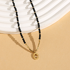 Letter C Женское ожерелье с подвеской из натуральной черной шпинели в форме круглой граненой буквы «Инициал» из нержавеющей стали, золотые, буква С, 14.96 дюйм (38 см)