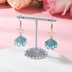 чирок Серьги-подвески из стеклянных бусин в форме звезды, с латунными и 304 нержавеющими крючками для сережек, золотые, зелено-синие, 48~51x16~17 мм