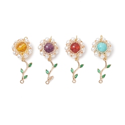 Смешанные камни 4 шт. 4 стили латунные микро-паве кубические цирконии соединительные подвески, Подвески-коннекторы в виде цветов из натуральных и синтетических драгоценных камней, обмотанные проволокой., с жемчугом из раковины , 39~40x16~16.5x9~10 мм, отверстия : 1.4 mm и 5 мм, 1 шт / стиль