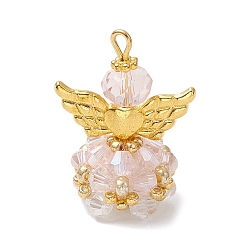 Розовый Стеклянные подвески, угол, с бусинами-крылышками из сплава и железной петлей, граненые, туманная роза, 30x21.5x16 мм, отверстие : 2.2~3.6 мм