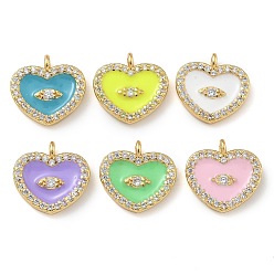 (52) Непрозрачная лаванда Стойка покрытие латунь микропаве прозрачный кубический цирконий с эмалевыми подвесками, долговечный, без свинца и без кадмия, реальный 18 k позолоченный, сердце с рисунком глаз, разноцветные, 12x11.5x2 мм, отверстие : 1.2 мм