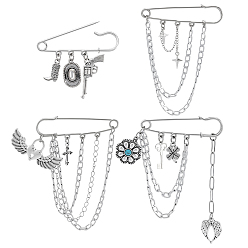 Античный Серебристый & Платиновый 4 броши из сплава, с алюминиевыми цепями бордюра, разнообразные, старинное серебро и платина, 47~95 мм