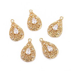 Golden Brass Micro Pave Cubic Zirconia Pendants, Teardrop, Clear, Golden, 21.5x12.5x5mm, Hole: 1.5mm