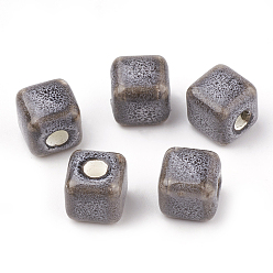 Gray Handmade Porcelain Beads, Fancy Antique Glazed Style, Cube, Gray, 8.5x8.5x8.5mm, Hole: 2.5~3mm