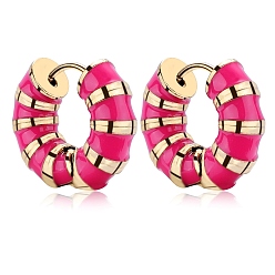 Hot pink Dicke, emaillierte, gestreifte Creolen, goldener 316 Edelstahlschmuck für Damen, hot pink, 18x20.5x6 mm, Stift: 0.9 mm