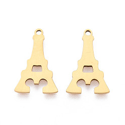 Настоящее золото 18K 201 подвески из нержавеющей стали, эйфелева башня подвески, лазерная резка, реальный 18 k позолоченный, 19x11.5x1 мм, отверстие : 1.4 мм