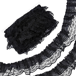 Black 1Pc Organza Flower Lace Ribbon, Flower Trimming for Wedding Dress Decoration, 1Pc Thread Bobbins White Cards, Black, 1-3/4 inch(45mm), about 10.94 Yards(10m)/Set