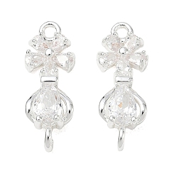 Argent Breloques de connecteur en zircone cubique transparente pavée de laiton, liens vers les fleurs et les larmes, argenterie, 18x7.5x4mm, Trou: 1.5mm