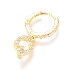 Letter Q 925 Sterling Silver Hoop Earrings, Dangle Earrings, with Cubic Zirconia, with S925 Stamp, Letter, Clear, Golden, Letter.Q, 20mm, Pendants: about 10x6x1.5mm, Pin: 0.6mm