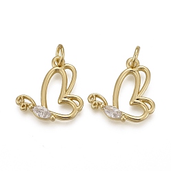 Настоящее золото 18K Латунные микропаве прозрачные подвески с фианитом, с прыжковых колец, долговечный, форме бабочки, реальный 18 k позолоченный, 15x16x3 мм, отверстие : 3 мм