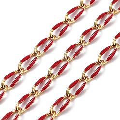 Red 304 Stainless Steel Handmade Beaded Chain, with Enamel, with Spool, Soldered, Real 18K Gold Plated, Oval, Red, 9x4x1mm, about 16.40 Feet(5m)/Roll