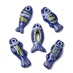 Dark Blue Hand-Painted Porcelain Big Pendants, Fish Charms, Dark Blue, 68.5~72x27.5~29.5x11.5~12mm, Hole: 4.5mm